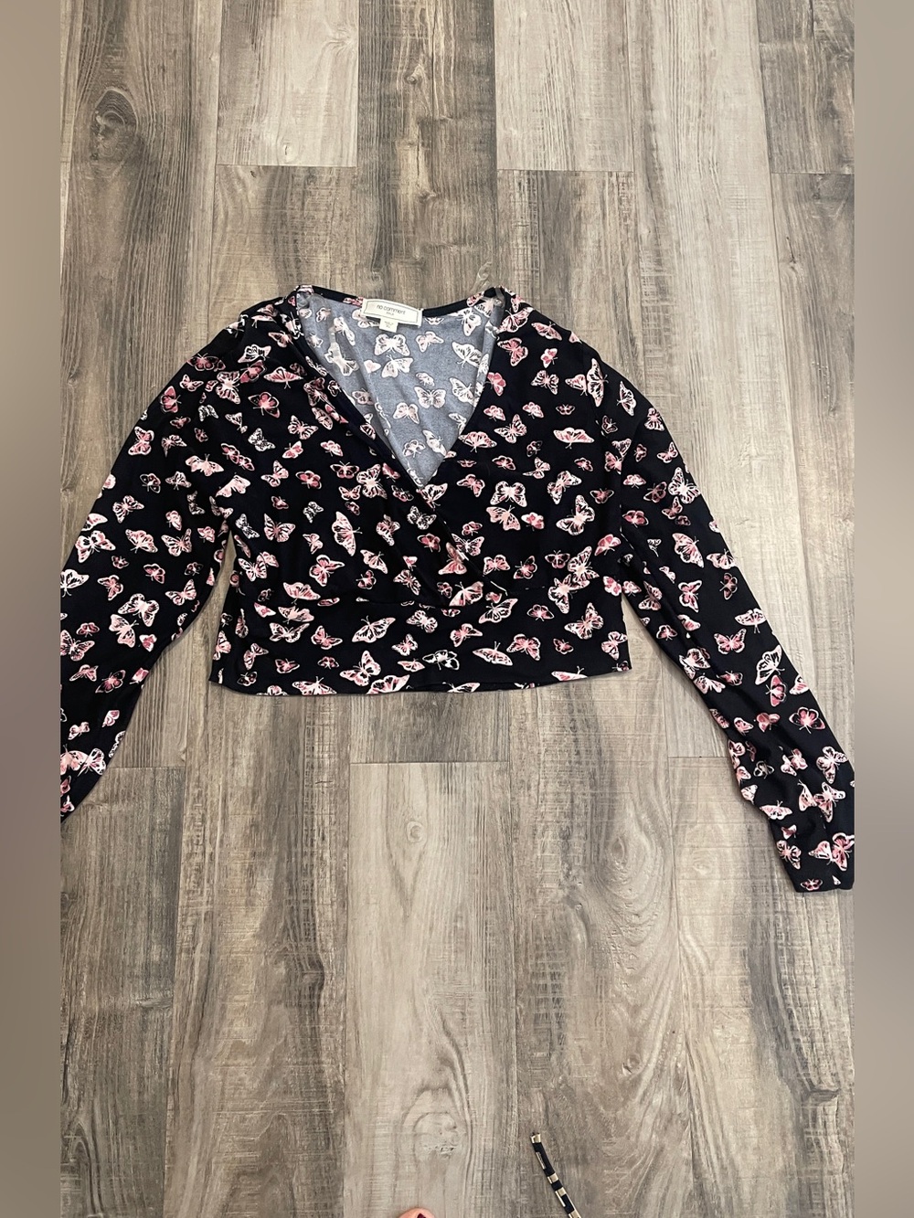 a new day Black & Pink Butterfly Wrap Crop Top